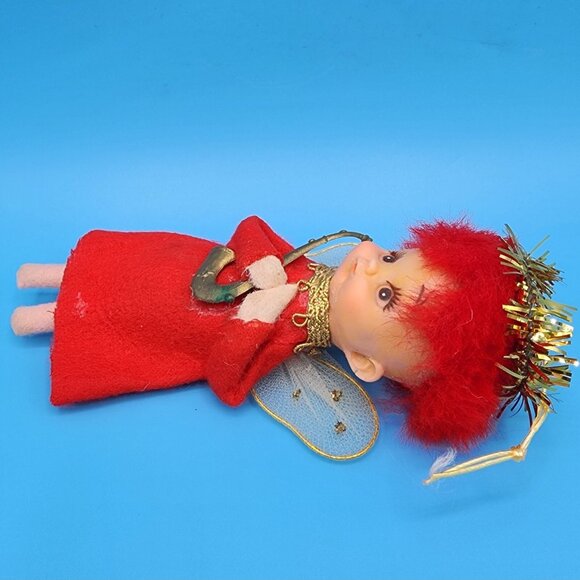 Vintage 1950s Napco Red Hair Pixie Angel Ornament Felt Elf Japan Tinsel Halo Sax - Picture 6 of 9
